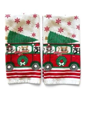 Casaba Christmas Cats Volkswagen Van VW Bus Kitchen Towels Set Of 2 Holiday